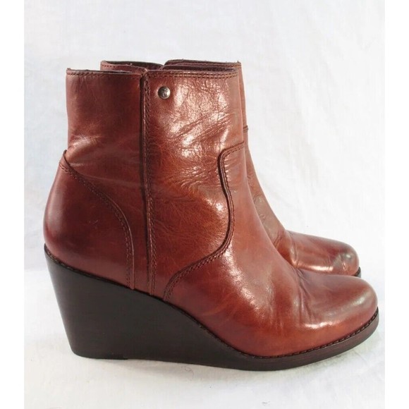 Frye Wedge Heel Ankle Boots Cognac Brown Leather Size 7 M- fits like a 6 - Picture 2 of 8